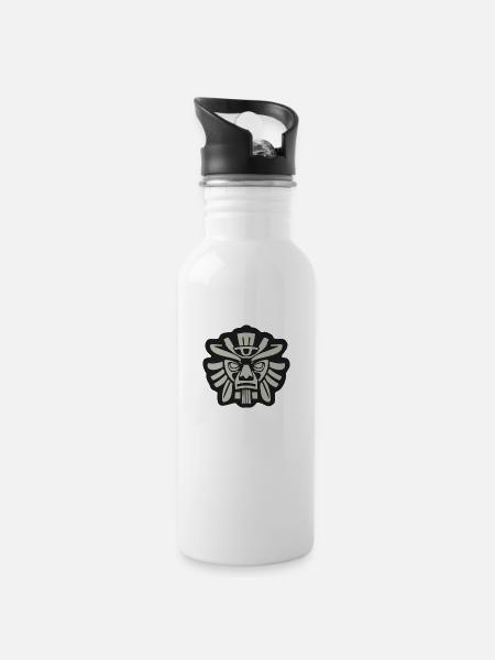 Stammesmaske eines Maya-Kriegers - Trinkflasche mit integriertem Trinkhalm - Weiß