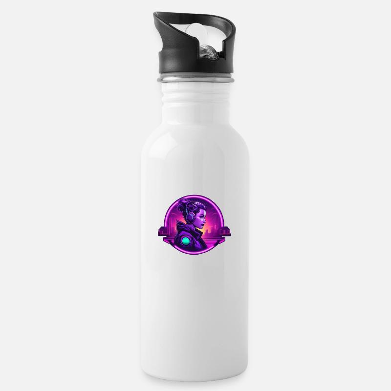 Cyberpunk Artwork - Trinkflasche mit integriertem Trinkhalm - Weiß