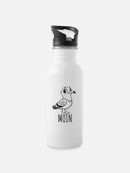 Cartoon Möwe - Moin - Norddeutsch - Trinkflasche mit integriertem Trinkhalm - Weiß