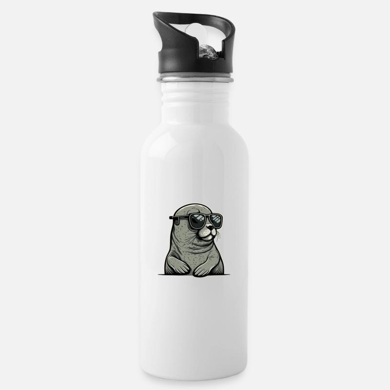 Robbe Robben Geschenk - Trinkflasche mit integriertem Trinkhalm - Weiß
