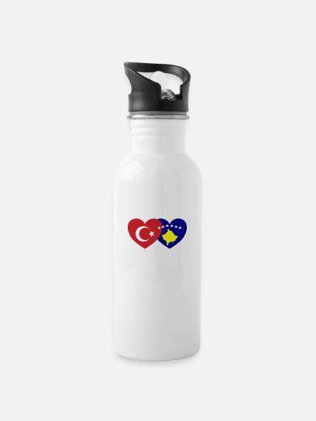 Türkei Kosovo Flagge Herz vereint - Trinkflasche mit integriertem Trinkhalm - Weiß