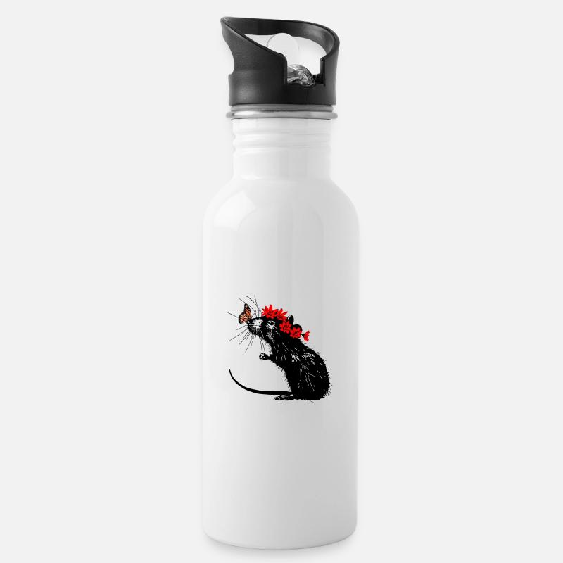 Butterfly Kisses: Ratte mit Schmetterling - Trinkflasche mit integriertem Trinkhalm - Weiß