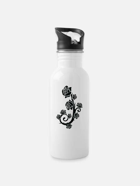 Schwarze Rose, Black rose - Trinkflasche mit integriertem Trinkhalm - Weiß