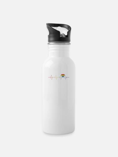Gay Pride Regenbogenherz - Trinkflasche mit integriertem Trinkhalm - Weiß