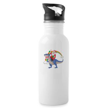 santa claus riding trex dinosaur christmas - Water bottle with straw - white - Right
