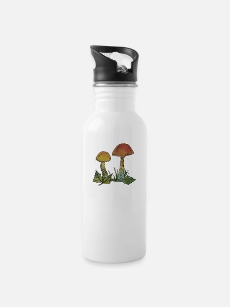 Pilze - Trinkflasche mit integriertem Trinkhalm - Weiß