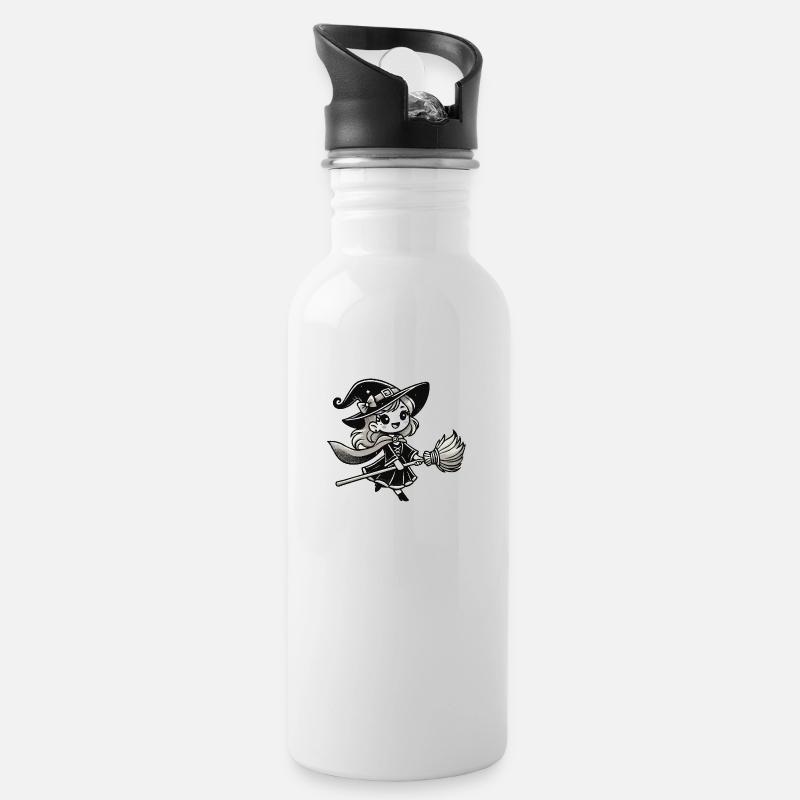 Hexe Comic - Trinkflasche mit integriertem Trinkhalm - Weiß