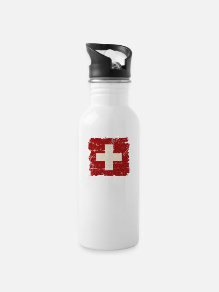 Swiss Flag - Vintage Look - Trinkflasche mit integriertem Trinkhalm - Weiß