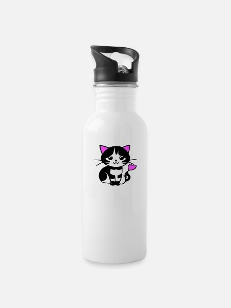 Süße Katze im Comic Stiel - Trinkflasche mit integriertem Trinkhalm - Weiß