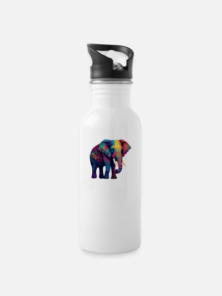 Bunter Elefant - Trinkflasche mit integriertem Trinkhalm - Weiß