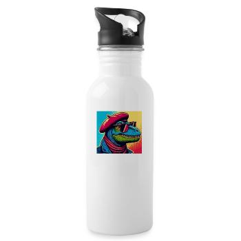 Dino PopArt Porträt - Trinkflasche mit integriertem Trinkhalm - Weiß - Rechts