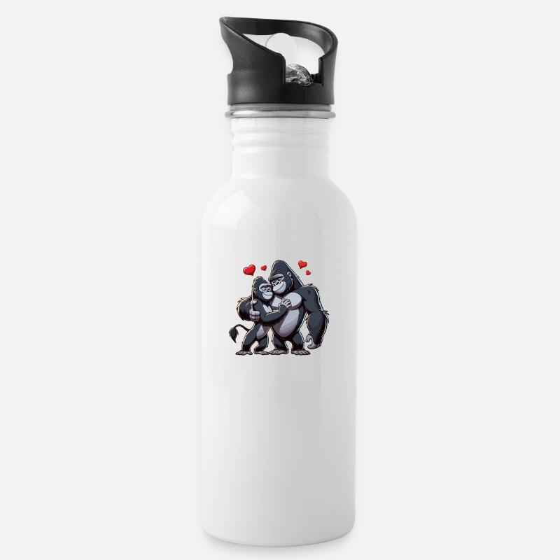 Gorilla-Paar - Trinkflasche mit integriertem Trinkhalm - Weiß