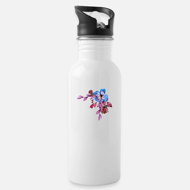 Blumen - Trinkflasche mit integriertem Trinkhalm - Weiß