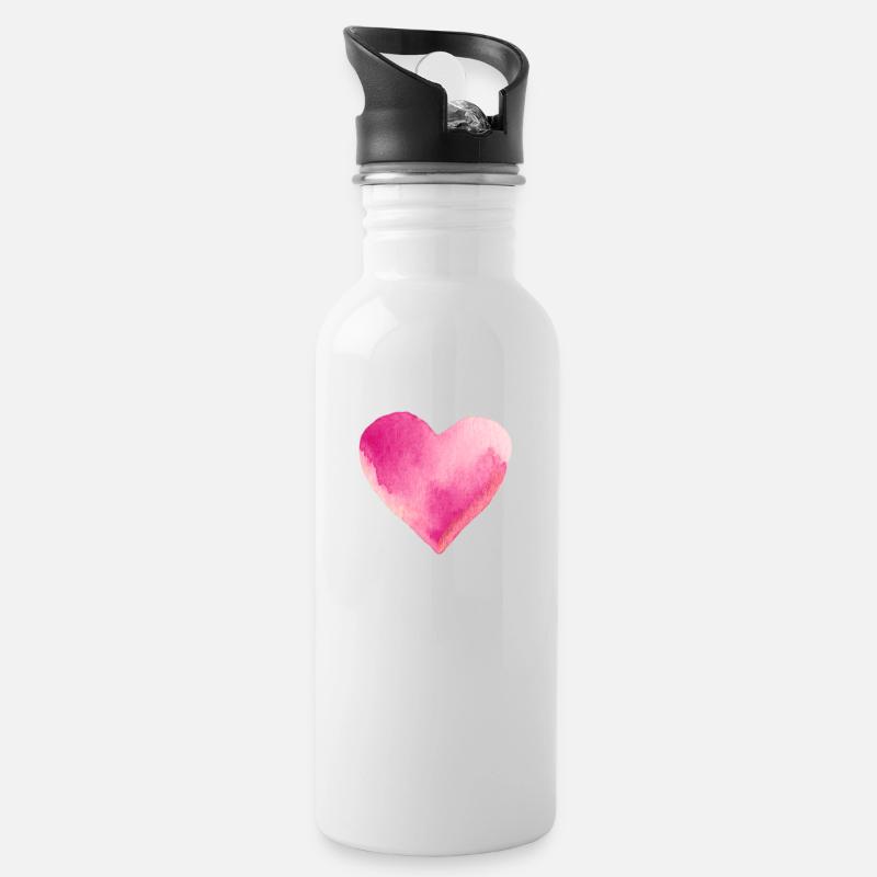 Rosa Herz Wasserfarben Geschenkidee - Trinkflasche mit integriertem Trinkhalm - Weiß