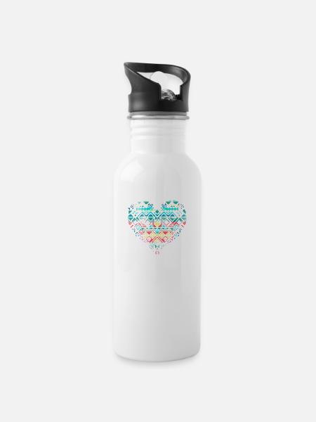 Tribal Heart - Trinkflasche mit integriertem Trinkhalm - Weiß
