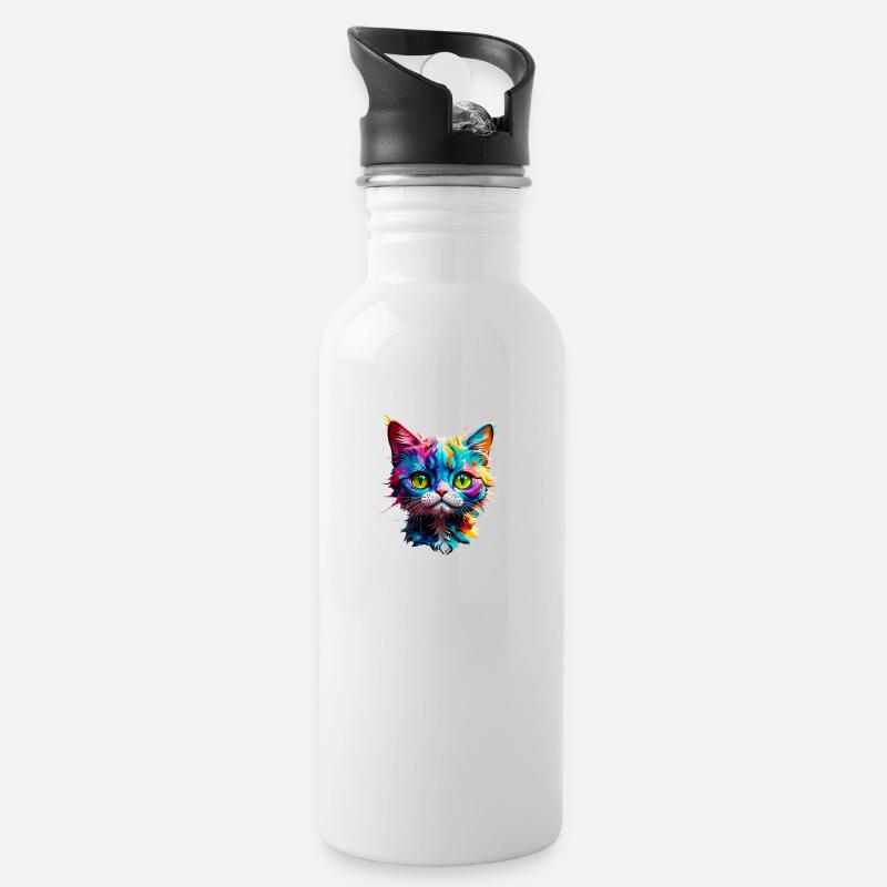 Vorsicht Katze - Trinkflasche mit integriertem Trinkhalm - Weiß