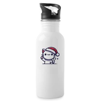 Cat with Santa hat - Water bottle with straw - white - Right