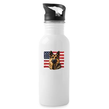 German Shepherd with USA Flag - Water bottle with straw - white - Right