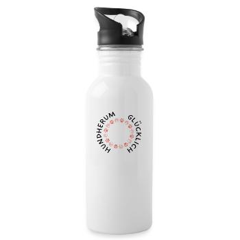 Hundherum glücklich – Statement Mensch Hund - Trinkflasche mit integriertem Trinkhalm - Weiß - Rechts