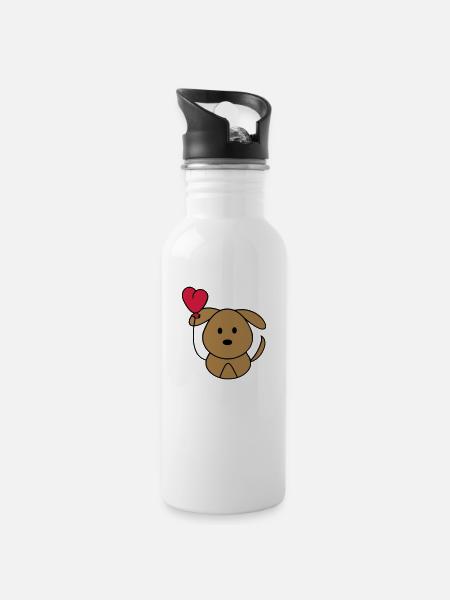 Hundi with heart balloon - Water bottle with straw - white