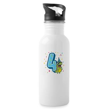 Vierter Geburtstag 4. Feier Dino T-Rex Vier Jahre - Trinkflasche mit integriertem Trinkhalm - Weiß - Rechts