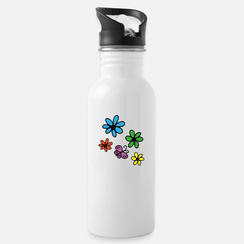 Bunte Blumen und Schmetterling - Trinkflasche mit integriertem Trinkhalm - Weiß