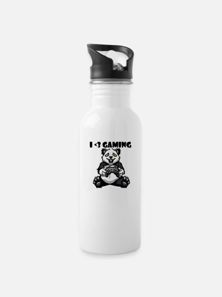 I Love Gaming, Panda - Trinkflasche mit integriertem Trinkhalm - Weiß
