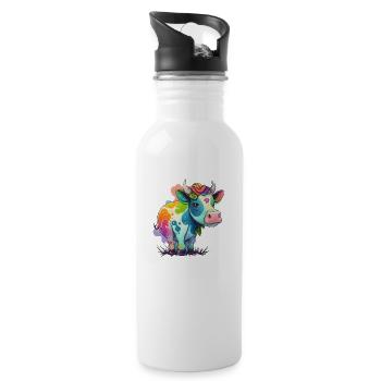 Kuh Zeichnung Regenbogen - Trinkflasche mit integriertem Trinkhalm - Weiß - Rechts