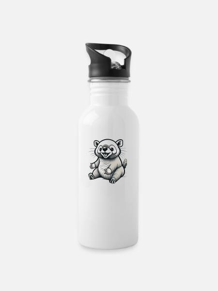 Small Seated Animal: Cartoon - Water bottle with straw - white