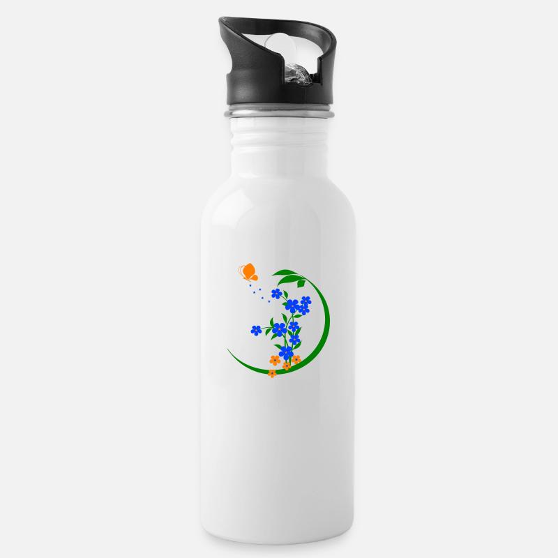 Garten Blumen Schmetterling - Trinkflasche mit integriertem Trinkhalm - Weiß
