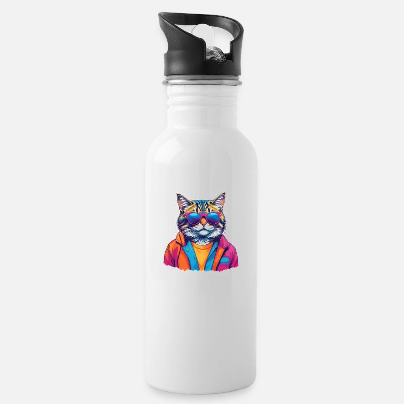 MADFOXX - Cool Colorful Cat - Trinkflasche mit integriertem Trinkhalm - Weiß