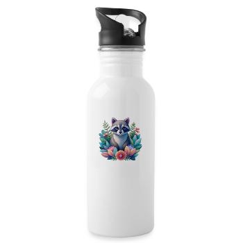 Magischer Waschbär in Blumen - Trinkflasche mit integriertem Trinkhalm - Weiß - Rechts