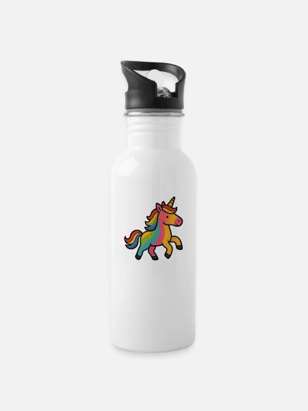 Buntes Einhorn - Trinkflasche mit integriertem Trinkhalm - Weiß