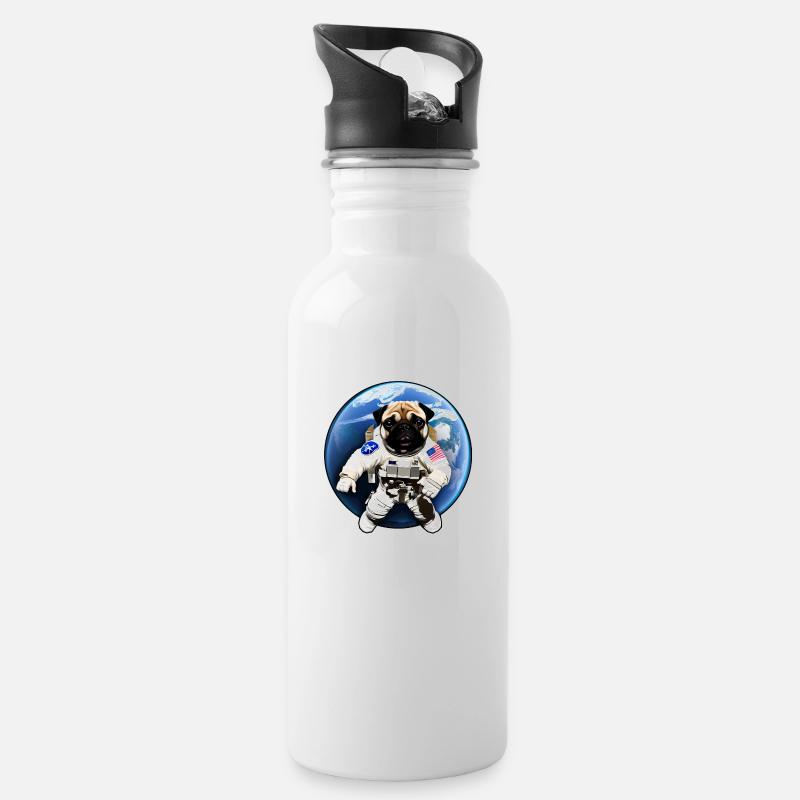 Mops im Weltall - Trinkflasche mit integriertem Trinkhalm - Weiß