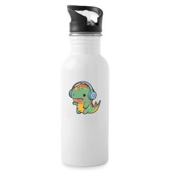 Kawaii Cute Happy Colorful Dino avec des écouteurs - Gourde avec paille intégrée - blanc - Droite