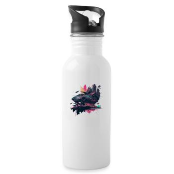 Sci-Fi Pop-Art Spaceship in Retro Colors - Water bottle with straw - white - Right