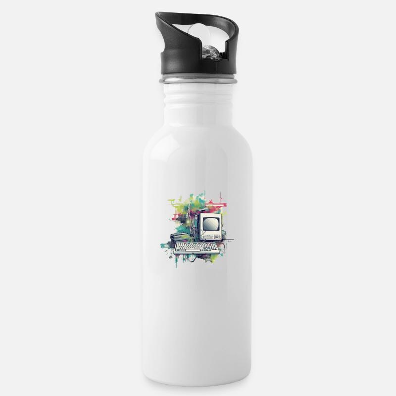 Vintage-Computer - Trinkflasche mit integriertem Trinkhalm - Weiß