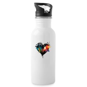 Herz Farbtropfen Bunt - Trinkflasche mit integriertem Trinkhalm - Weiß - Rechts