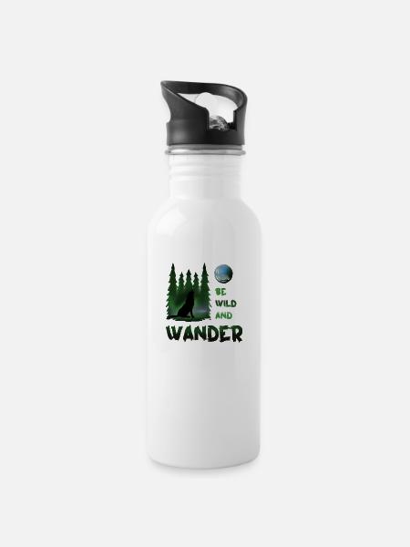 Be wild and wander Wolf - Water bottle with straw - white