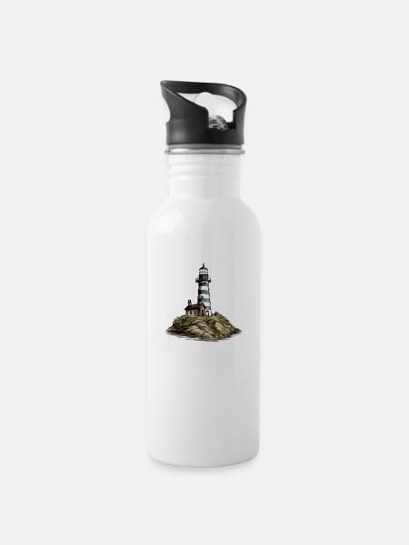 Bretonischer Leuchtturm Nr. 5 - Trinkflasche mit integriertem Trinkhalm - Weiß
