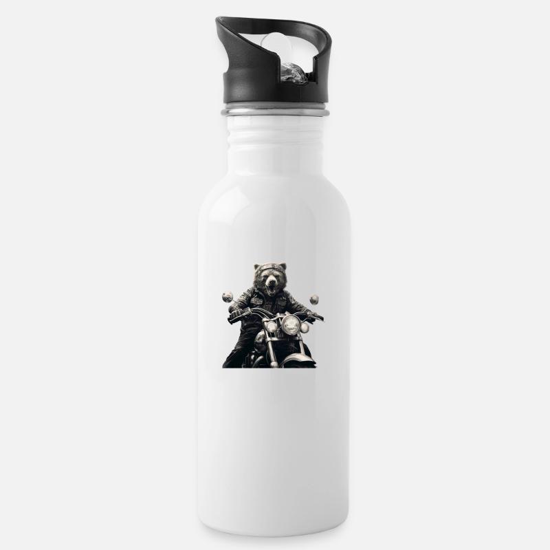 Biker Bär - Trinkflasche mit integriertem Trinkhalm - Weiß