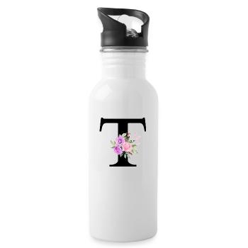 Purple Floral Letter T - Water bottle with straw - white - Right