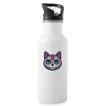 Colorful Cat Sugar Skull - Water bottle with straw - white - Right