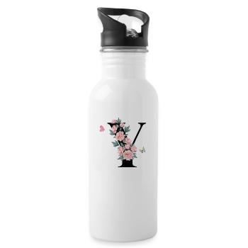 Letter and pink flowers - Water bottle with straw - white - Right