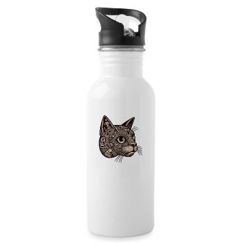 Intricate geometric cat design in earthy tones - Water bottle with straw - white - Right