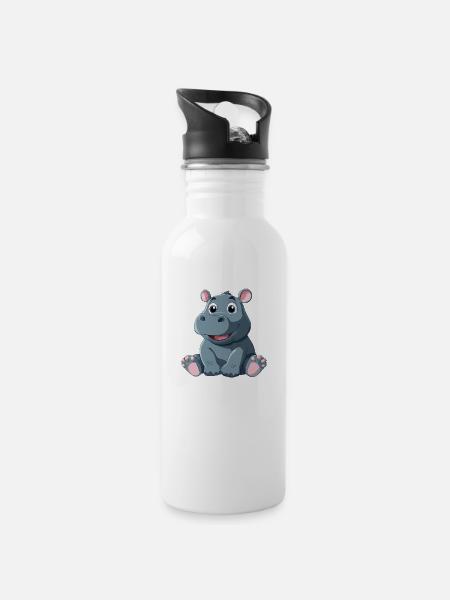Nilpferd - Trinkflasche mit integriertem Trinkhalm - Weiß