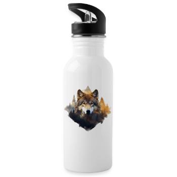 Wolf mit Bergen - Trinkflasche mit integriertem Trinkhalm - Weiß - Links