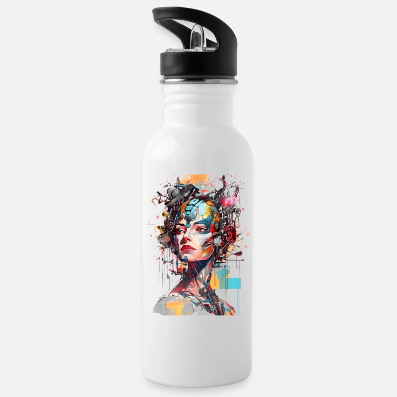 Portrait eines weiblichen AI Androiden/Cyborg - Trinkflasche mit integriertem Trinkhalm - Weiß