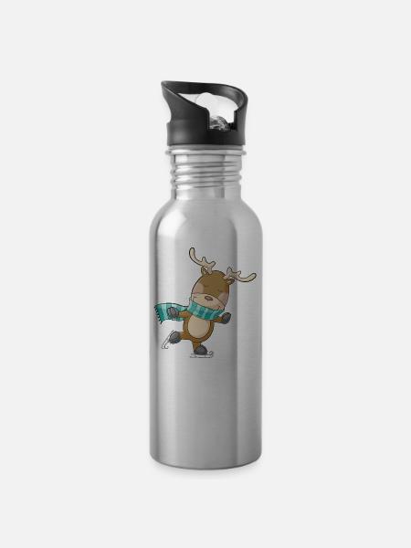 Süßes Comic Rentier beim Schlittschuh fahren - Trinkflasche mit integriertem Trinkhalm - Lightsilver