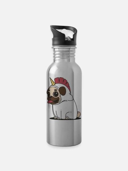 Mops Einhorn - Trinkflasche mit integriertem Trinkhalm - Lightsilver